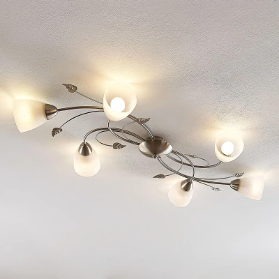 Afbeelding van Lindby plafondlamp 6lichts metaal, glas H: 13 cm E14 nikkel, wit
