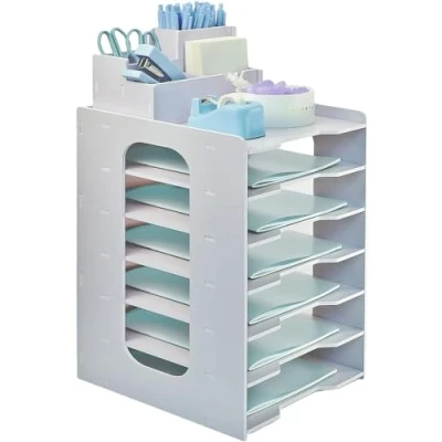 Afbeelding van Brievenbak met 7 niveaus, houten archieflade voor kantoor, bureauorganizer, lade penhouder, papierarchieflade, map hout, bureau opgeruimde organizer A4, bestandsdocumenthouder thuiskantoor,