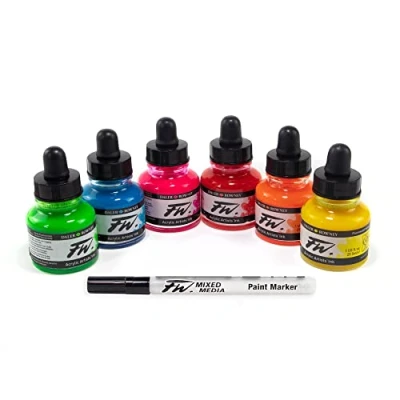 Afbeelding van Daler Rowney FW Acryl Ink Bottle 6 Color Neon Set met Empty Marker