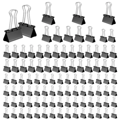 Afbeelding van Mesybveo 100 stuks foldback klemmen, 15 mm/19 mm/25 mm/32 mm papierklemmen, bindclips van metaal, paperclips, multifunctionele klemmen voor kantoorbenodigdheden, briefpapier (zwart)