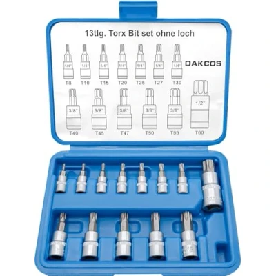 Afbeelding van DAKCOS 13 stks Torx Bit Socket Set, T8 T60 Set 1/4&quot;, 3/8&quot;, 1/2&quot;, CR V Sockets en S2