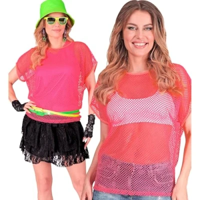 Afbeelding van Widmann Jaren 80 &amp; 90 Kostuum Visnet T Shirt Neon Roze Vrouw XXL Carnavalskleding Verkleedkleding