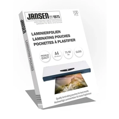Afbeelding van Jansen A4 Lamineerhoes 75/80mic, 100 stuks, Glanzend, lamineerhoezen/Lamineersheet, (De verpakking kan variëren)