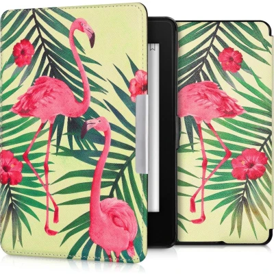 Afbeelding van kwmobile e reader hoesje compatibel met Amazon Kindle Paperwhite Magneetsluiting Ereader case Flamingo en Palmbomen in poederroze/groen/lichtgroen