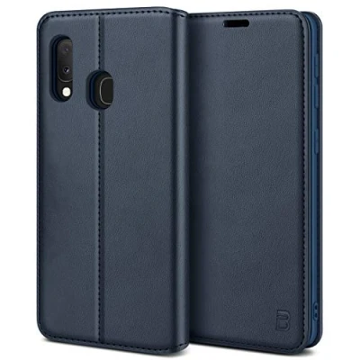 Afbeelding van BEZ Samsung A20e Hoesje Bookcase, Book Case PU Leer Wallet Met Pasjeshouder voor Galaxy A20e, Telefoonhoes Leren Portemonnee Flip Cover, Standaard, Magnetische Sluiting, Blauw