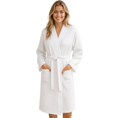 Afbeelding van Morgenstern ochtendjas zomer dames katoen wafel badjas reizen kamerjas licht XL wit