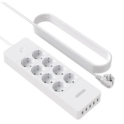 Afbeelding van NTONPOWER stekkerdoos overspanningsbeveiliging 1700 Joules met USB en 3 m koperen kabel, meervoudige wandmontage 16 A/4000 W, kinderbeveiliging EU stekker voor thuis wit herbruikbaar