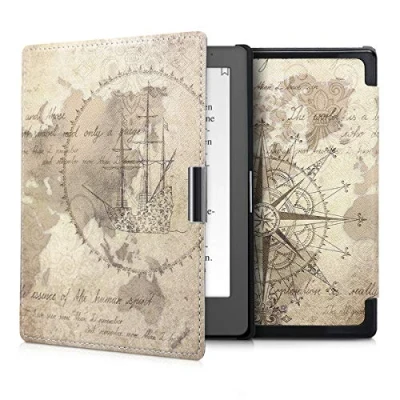 Afbeelding van kwmobile E reader hoesje geschikt voor Kobo Aura Edition 1 hoes flip case met magnetische sluiting Ereader cover Vintage Travel design in bruin / lichtbruin
