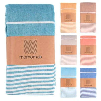 Afbeelding van MOMOMUS Fouta strandhanddoek, XXL, met franjes en 100% katoen, ideaal als zandvrije picknickdeken, reuzenpareo of zwembadtapijt, zeegroen, 210 x 240 cm