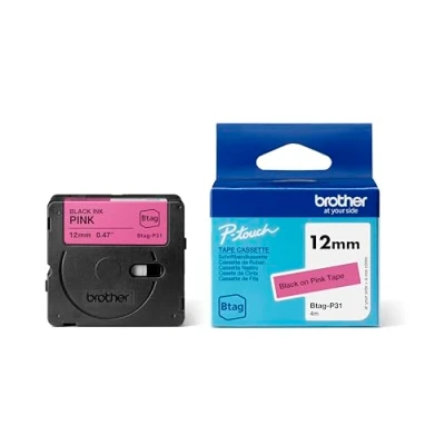 Afbeelding van Brother Original Btag P31 Labeltape, 12 mm breed, 4 m lang, zwart/roze