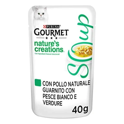 Afbeelding van Purina Gourmet Nature&#039;s Creations Natte soep katten met kip, witte vis en groenten, 32 zakjes à 40 g