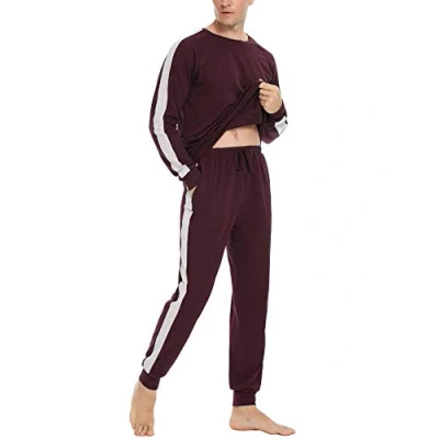 Afbeelding van Doaraha Pyjama voor heren, tweedelige nachtkleding, lang, katoen, lange mouwen, slaapkleding, huispak, ronde hals, slaapshirt en geruite pyjamabroek herfst winter, streep winerot, XL