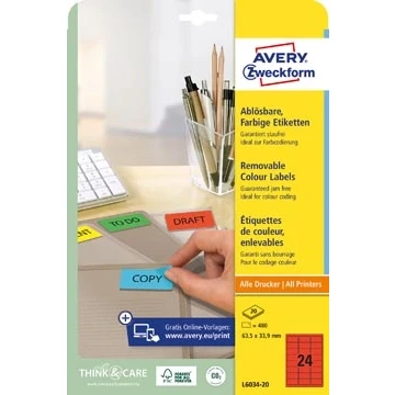 Afbeelding van Avery afneembare gekleurde etiketten ft 63,5 x 33,9 mm (b h), 480 stuks, 24 per blad, rood etiket