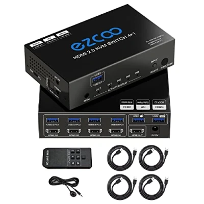 Afbeelding van ROFAVEZCO USB 3.0 HDMI KVM Switcher 4 poorten, in 1, out 4K 60Hz 4, SPDIF 5.1 audio breakout, muis/keyboard/draadloze voor PC, printer, scanner, Windows, Linux, IR Remote 4X1