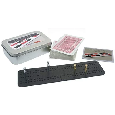 Afbeelding van Brimtoy Travel/pocket cribbage board in blik met speelkaarten en haringen