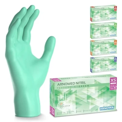 Afbeelding van ARNOMED wegwerphandschoenen groen, nitril handschoenen XS, met 100 stuks per doos, poedervrij. Latexvrije rubber handschoenen, verkrijgbaar in S, M, L &amp; XL