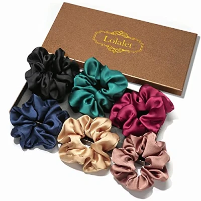 Afbeelding van Lolalet Haarelastiekjes van satijn voor dames, zachte elastische zijden crunchies, groot dames en meisjes, 6 kleuren, zwart, groen, wijnrood, donkerblauw, champagne, brons