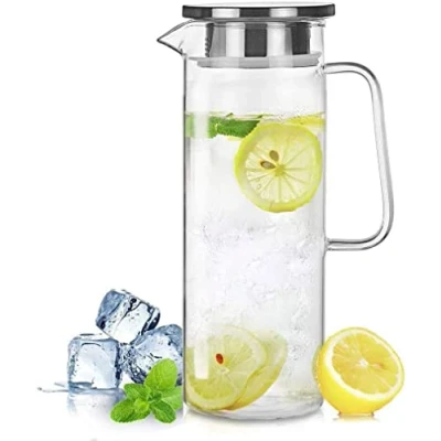 Afbeelding van HwaGui glazen karaf met roestvrijstalen deksel, waterkan voor ijsthee en sapdrank 1,2 l / 42 oz