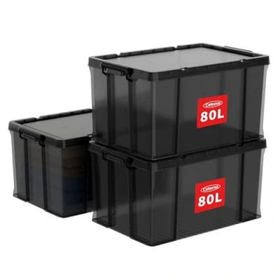Afbeelding van Cetomo 80L x 3 opbergdozen, stapelbare opbergdoos met deksels, zware container deksel versterkte hoeken, verticale zijden en clipsluiting, duurzaam, kunststof, helder zwart, 80 l, stuks