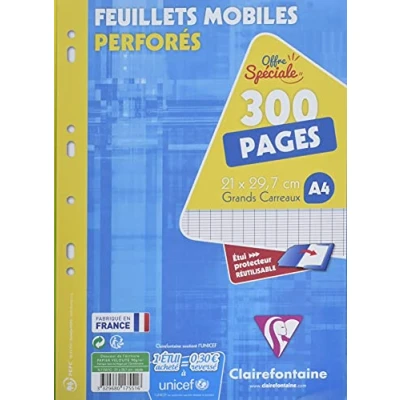 Afbeelding van Clairefontaine 17551C Geperforeerd losse vellen in hoesje A4 21x29,7cm 300 grote ruiten pagina&#039;s 90g wit papier Herbruikbaar