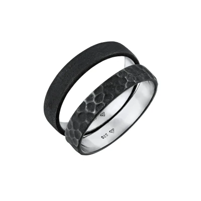 Afbeelding van KUZZOI Heren Ring Band Set Basis Gehamerd in 925 Sterling Zilver Geoxideerd