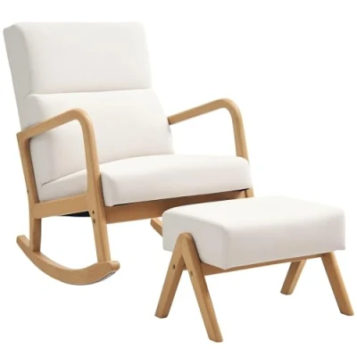 Afbeelding van HOMCOM Schommelstoel met kruk Zachte vulling Houten frame