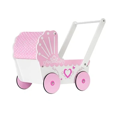 Afbeelding van Mamabrum Houten Poppenwagen, Loopwagen, Duwer, Poppenwagen Gondel, Retro Stijl Wandelwagen, Duwer voor Meisjes, Antislip Wielen, Leren Lopen, Roze