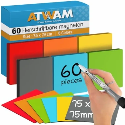 Afbeelding van ATWAM Scrum Magneten 60 stuks Voor Whiteboard of Magneetbord Herschrijfbare Post It 7,5*7,5 cm