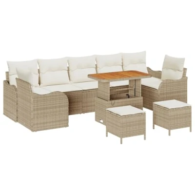 Afbeelding van vidaXL 10 delige tuinset met kussens beige poly rattan en acacia