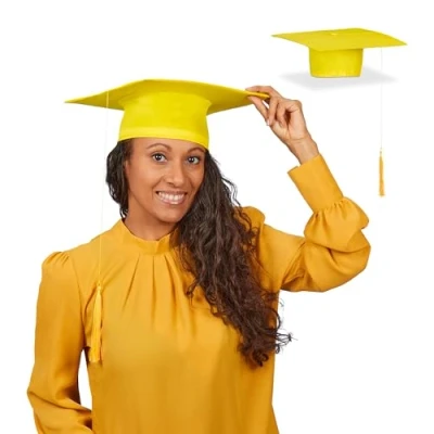 Afbeelding van Relaxdays afstudeerhoed met kwastje set van 2 graduation cap geslaagd universiteit geel
