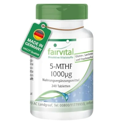 Afbeelding van Fairvital 5 MTHF 240 tabletten 1mg per tablet bioactief foliumzuur vruchtbaarheid en zwangerschap op kwaliteit getest hooggedoseerd 100% veganistisch Made in Germany