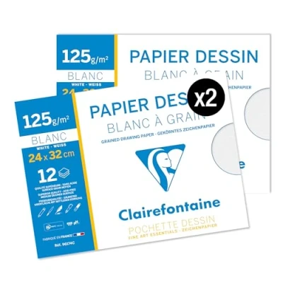 Afbeelding van Clairefontaine 96174AMZC Set van 2 schooltekenzakjes 12 vellen witnerf tekenpapier 24 x 32 cm 125 g ideaal voor kunstkunsten