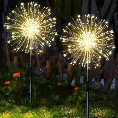 Afbeelding van yowin zonne vuurwerklampen, 2 pack, 120 LED buitenverlichting op energie, 8 modi, vuurvliegjes waterdichte koperdraad Starburst lampen voor buiten terras, gazon, feestdecoraties (warm wit)