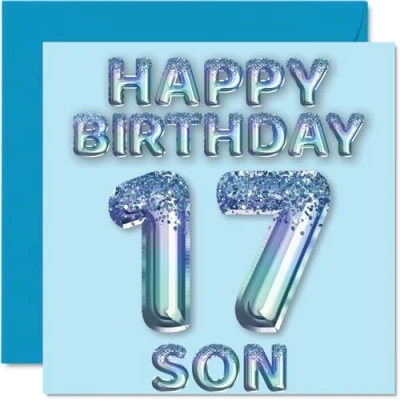 Afbeelding van 17e verjaardagskaart voor zoon blauwe glitter feestballonnen gelukkige verjaardagskaarten 17 jarige van mama papa ouders, 145 mm x cadeau