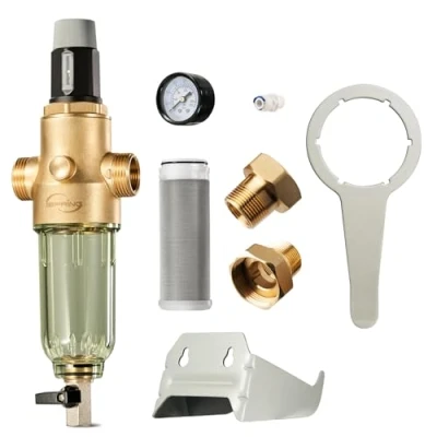 Afbeelding van iSpring WSP50PRG 1 inch terugspoelfilter met drukregelaar, voorfilter manometer waterfilter huisaansluiting, 50 micron