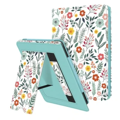 Afbeelding van Fintie Standhoes voor 6,8 inch Kindle Paperwhite (11e Generatie 2021) en Signature Edition Premium PU lederen hoes met kaartsleuf handriem, lentebloei