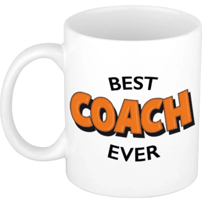 Afbeelding van Best coach ever cadeau koffiemok / theebeker wit met oranje letters 300 ml feest mokken