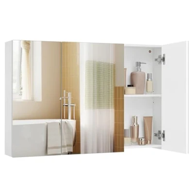 Afbeelding van VASAGLE wandkast voor badkamer, kast met spiegel, 3 deuren, 15 x 90 60 cm, verstelbare plank, modern, wit, BBK032W01