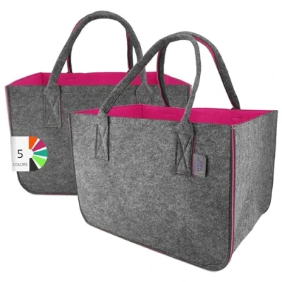 Afbeelding van LEVIATAN Vilten tas Shopper 2 Stuks Grote 30 Liter Boodschappentas XXL Opvouwbare Boodschappenmand Haardhouttas Kledingmand Speelgoedtas Donkergrijs/Frambooskleur, XL