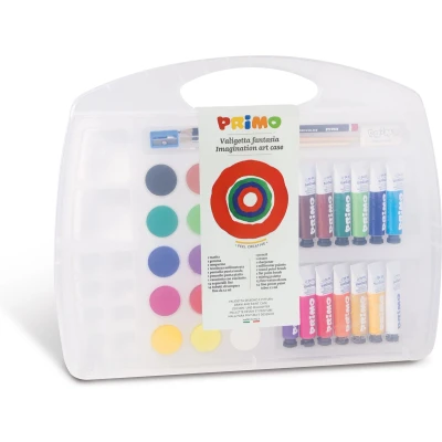 Afbeelding van Primo Fantasia: etui met 14 plakkaatverf tubes 12 ml en 15 aquarelverf diametre 30 mm, 1 penseel, HB potloden, gum, puntenslijper, mengpalet