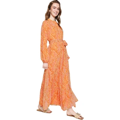 Afbeelding van Trendyol Bordeaux Geweven Chiffon Jurk Met Hoge Hals, Bloemenpatroon En Riem Tctss21El3346