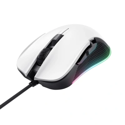 Afbeelding van Trust Gaming GXT 922W Ybar Muis, 68% Gerecycled Plastic, RGB Ledverlichting, 200 7200 DPI, 6 Programmeerbare Knoppen, USB Gevlochten Kabel, Wired Mouse voor PC/Laptop Wit