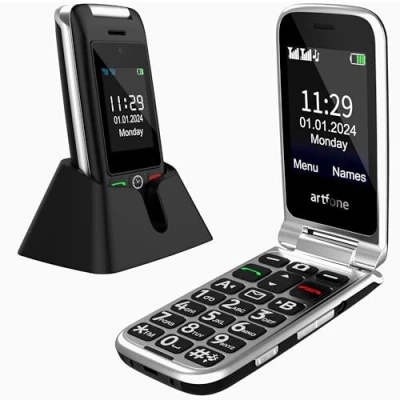 Afbeelding van artfone mobiele telefoon voor senioren, klapmobiele zonder abonnement, met noodoproepknop, gepensioneerde, grote toetsen, 2G GSM laadstation, dual display, camera, zaklamp