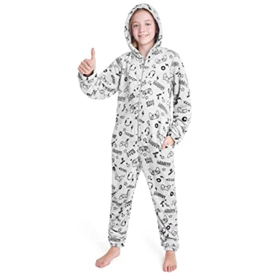 Afbeelding van CityComfort rompertjes voor jongens, donzige fleece pyjama kinderen en tienerjongens meisjes, camo romper, warme winterpyjama 7 14 jaar (Grijs, 9 10 jaar)