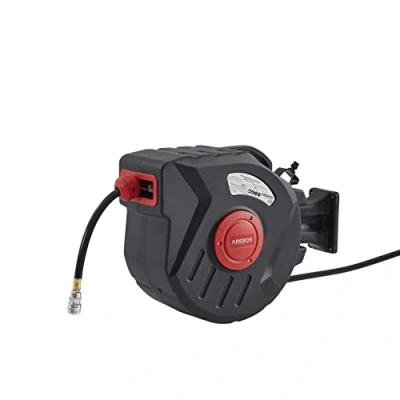 Afbeelding van Arebos Persluchtslang oproller automatische slanghaspel muurbeugel 1/4 inch snelkoppeling UV bestendig 180 draaibaar incl. montagebeugel 15 m