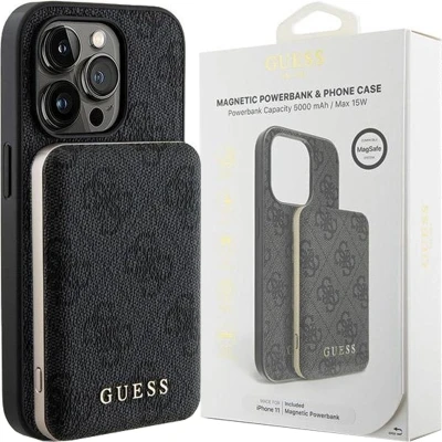 Afbeelding van Guess 4G Metal Logo hoesjeset voor iPhone 15 Pro + 5000mAh MagSafe powerbank zwart
