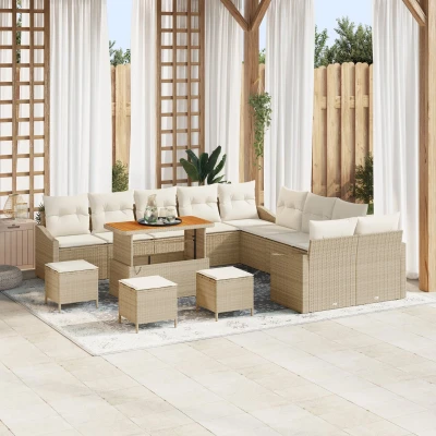 Afbeelding van vidaXL 14 delige tuinbank set met kussens beige poly rattan acacia, 2 zits rattan, 4 tuin eetset acacia