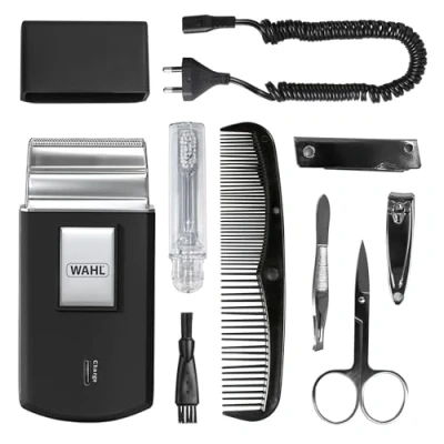 Afbeelding van WAHL Travel Shaver Kit, Flexibele Folie, Inclusief Tandenborstel, Nagelvijl, Nagelschaar, Pincet, Kam, Geen Snijwonden, Perfect voor Reizen, Klein, Reistasje, Zilver met reiskit
