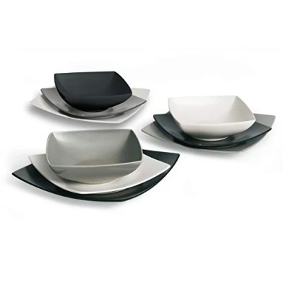 Afbeelding van Excelsa Eclipse bordenset, vierkant, 18 stuks, keramiek, wit, zwart en grijs
