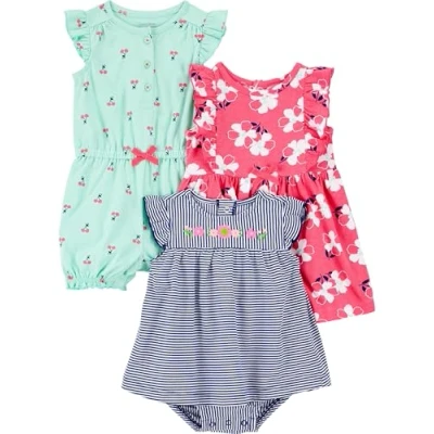 Afbeelding van Simple Joys by Carter&#039;s baby meisjes 3 pack rompertje, zonnepak en jurk, Mint Kersen/Navy Streep/Roze Bloemen, 0 Maanden